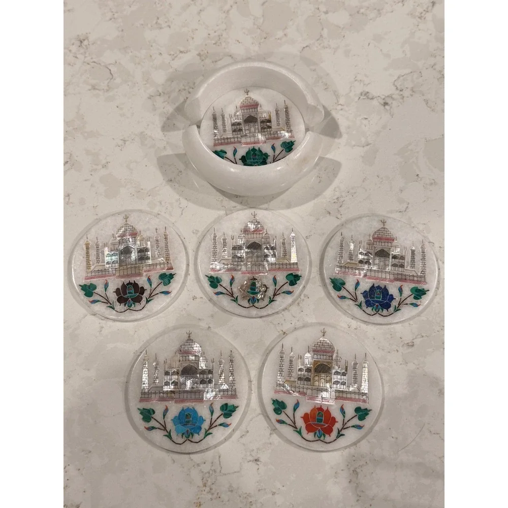 Rare Handmade White Marble Taj Mahal Indian Mother Of Pearl‎ Coaster Set of 6